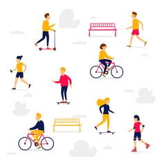 Plakat People in the park are engaged in sports, relax, summer. Flat illustration isolated on white background.