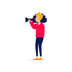 Videography, the man is holding the camera. Flat illustration isolated on white background.