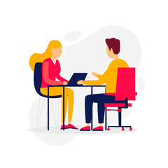 Business, interview, meeting, a girl talking with a candidate. Flat illustration isolated on white background.