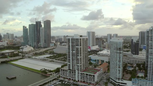 Superwide aerial video Miami downtown and edgewater