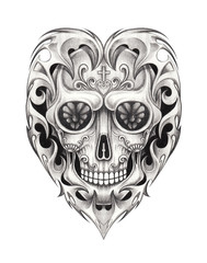 Art Graphic Heart mix Skull Tattoo. Hand pencil drawing on paper.