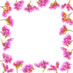 Floral frame made of Limonium or Statice flowers isolated on white background. Top view with copy space. Flat lay.