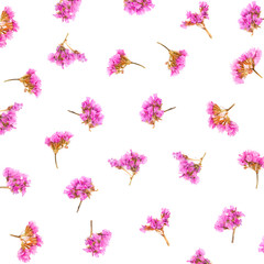 Floral pattern made of Limonium or Statice flowers isolated on white background. Flat lay. Top view.