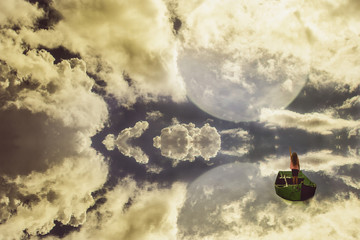 Girl sails on a wooden boat on a lake reflecting the sky and a large moon, illustration with montage of images