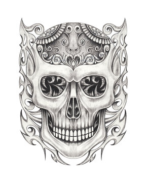Art Graphic mix Skull Tattoo. Hand pencil drawing on paper.