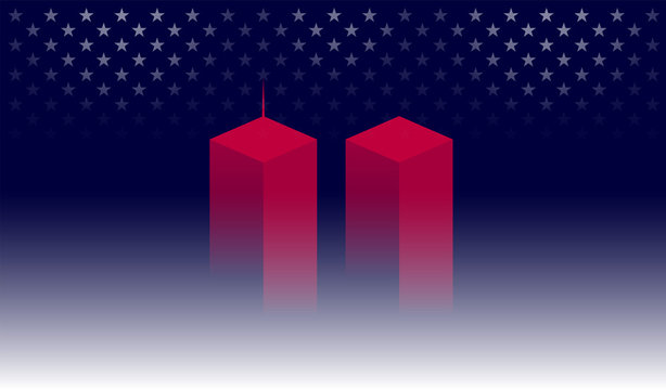 9/11 Memorial background with red Twin Towers, New York. Dark blue background w/ stars. 911 Remembrance Day USA