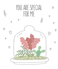 Vector postcard with cute house plants under glass. Gardening under the dome