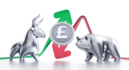 Bullish And Bearish Trends Of The Pound Sterling. Currency coin of the Pound Sterling in between of metallic statuettes of a bull and a bear in front of trending arrows. 3D rendering graphics.