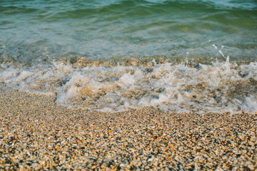 Sea waves washed clean beach made of shells.