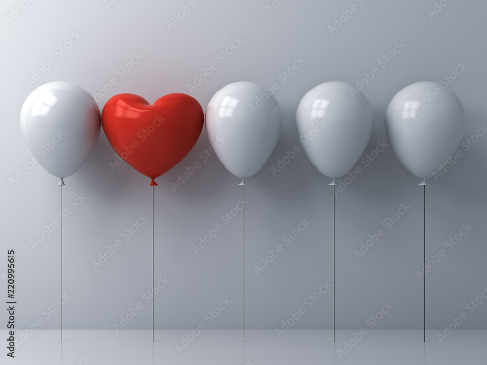 Poster stand out from the crowd and different concept one red heart balloon different from other balloons o