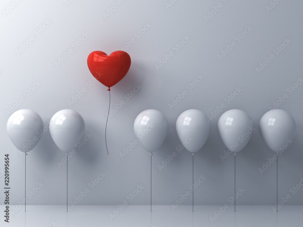Aufkleber stand out from the crowd and different concept one red heart balloon flying away from other white ba