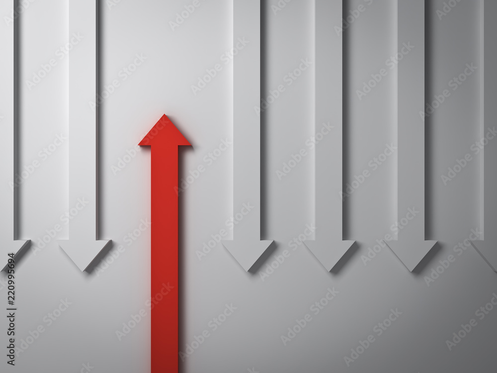 Poster Stand out from the crowd and different concept One red up arrow among other down arrows on white background with shadows 3D rendering