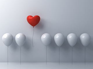 Stand out from the crowd and different concept One red heart balloon flying away from other white balloons on white wall background with window reflections and shadows 3D rendering © masterzphotofo