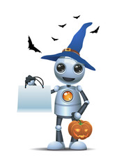 little robot in halloween carrying carved pumpkin