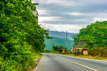 Driving through the countryside mountains in Saint Catherine Parish, Jamaica.