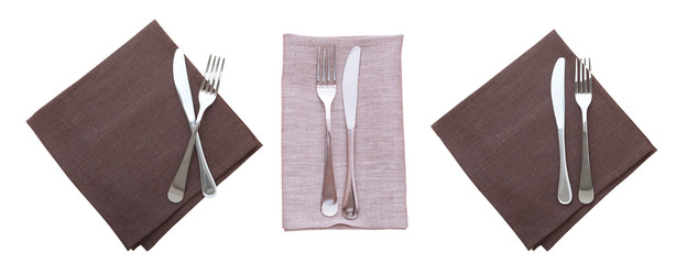 cutlery and napkin isolated on white. Mock up napkins for design. Napkins top view square.