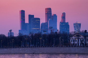 Obraz premium cityscape of modern and urban skyscrapers Moscow International Business Center is Architecture and landmark of Moscow City with sweet sunset sky, Russia