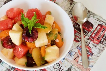 Tasty, sweet maple fruit salat bowl. 