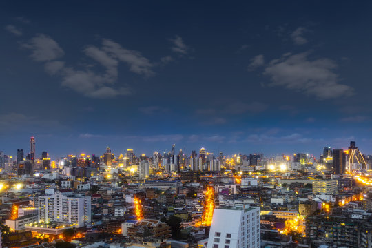 cityscape Bangkok skyline in Twilight night view, Thailand. Bangkok is metropolis and favorite of tourists live at between modern building / skyscraper, Community residents