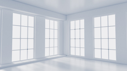 White empty interior, white room with windows, background. 3d illustration, 3d rendering.