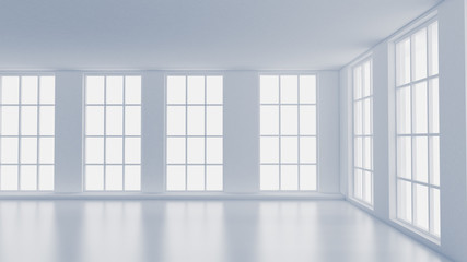 White empty interior, white room with windows, background. 3d illustration, 3d rendering.