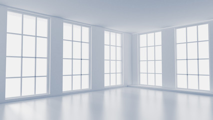 Fototapeta na wymiar White empty interior, white room with windows, background. 3d illustration, 3d rendering.