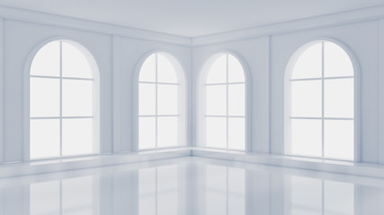 White empty interior, white room with windows, background. 3d illustration, 3d rendering.