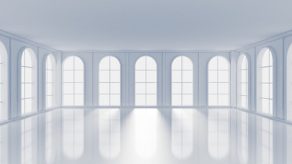 Obraz premium White empty interior, white room with windows, background. 3d illustration, 3d rendering.