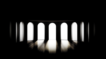 Grim black empty interior. 3d illustration, 3d rendering.