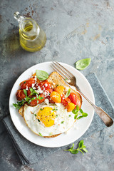 Multigrain toast with fried egg and roasted tomatoes