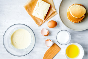 cooking pancake on white background top view ingredients for mak