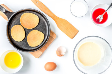 cooking pancake on white background top view ingredients for mak