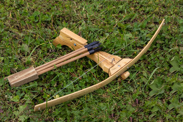 Wooden toy children's crossbow with a set of bolts lies on the short-cropped grass.
