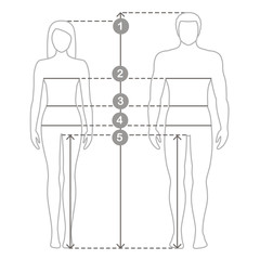 Vector contour illustration of man and women in full length with measurement lines of body parameters . Man and women sizes measurements. Human body measurements and proportions. - 221001008