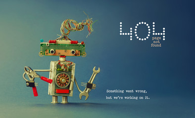 404 error page not found. Serviceman robot hand wrench pliers on blue background. Text message...