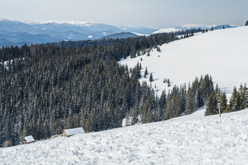 Bukovel in the winter. Snow-capped mountain peaks. Ukrainian Carpathians