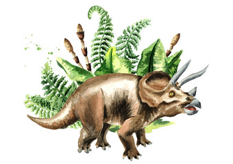 Triceratops dinosaur with prehistoriv plants. Watercolor hand drawn illustration, isolated on white background © dariaustiugova