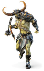 Savage Orc Brute leader running into battle wearing traditional armor and equipped with a flail  . Fantasy themed character on an isolated white background. 3d Rendering
