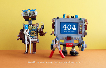 404 error page not found. Serviceman robots with pliers on yellow brown orange background. Text...