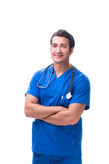 Young male doctor isolated on white background