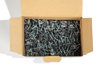 a lot of the gray screws in a cardboard box