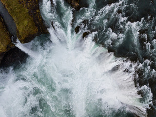 Skyview of Godafoss (Go&eth;afoss) waterfall. It one of the spectacular waterfalls in Iceland. Skj&aacute;lfandaflj&oacute;t River. Aerial photography captured by drone.