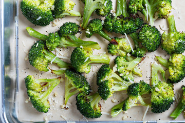 Roasted broccoli on a baking tray