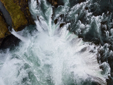 Skyview of Godafoss (Goðafoss) waterfall. It one of the spectacular waterfalls in Iceland. Skjálfandafljót River. Aerial photography captured by drone.