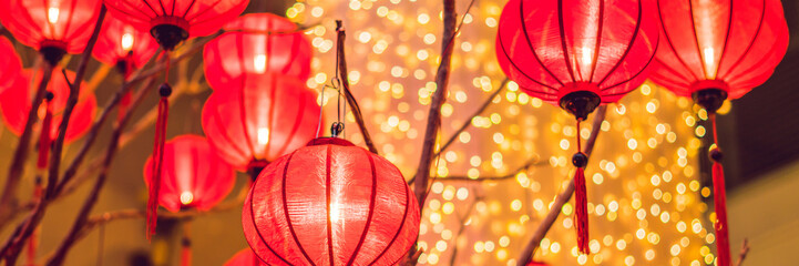 Chinese lanterns during new year festival. Vietnamese New Year BANNER, long format