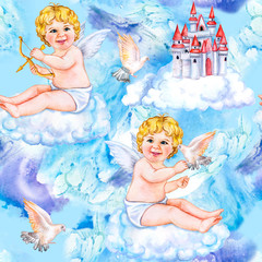 Angel cupid in the clouds with a bow and arrow. Fairytale castle with birds pigeons. Illustration. Template. Watercolor. Seamless pattern