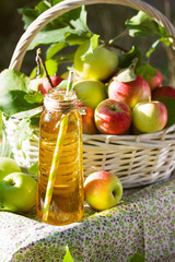 Basket with apples cider juice or vinegar in glass bottle