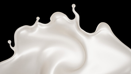 A splash of milk on a black background. 3d illustration, 3d rendering.