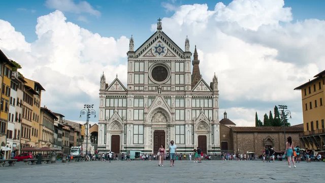Time-lapse of Basilica of the Holy Cross (Basilica di Santa Croce) with people in the square in Florence, Italy. Timelapse 4K UHD Video. Nikon D300