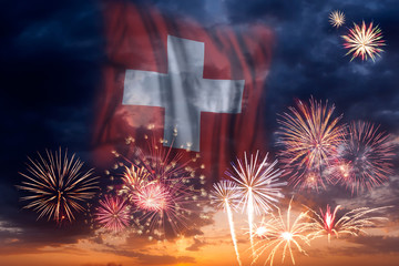 Fireworks and flag of Switzerland